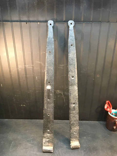 Antique Hand Forged Iron Barn Door Strap Hinges Pair  30” Long x 1.5 in