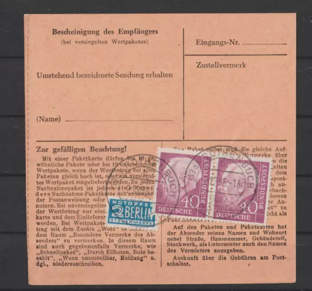 Bund Heuss I, 40 Pf Mi. 188 waager. Paar auf Paketkarte (Brief) "Rothenbuch"
