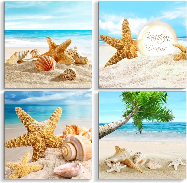 4 Piece Ocean Wall Art Seashell Pictures Waves Beach Wall Decals Framed Blue
