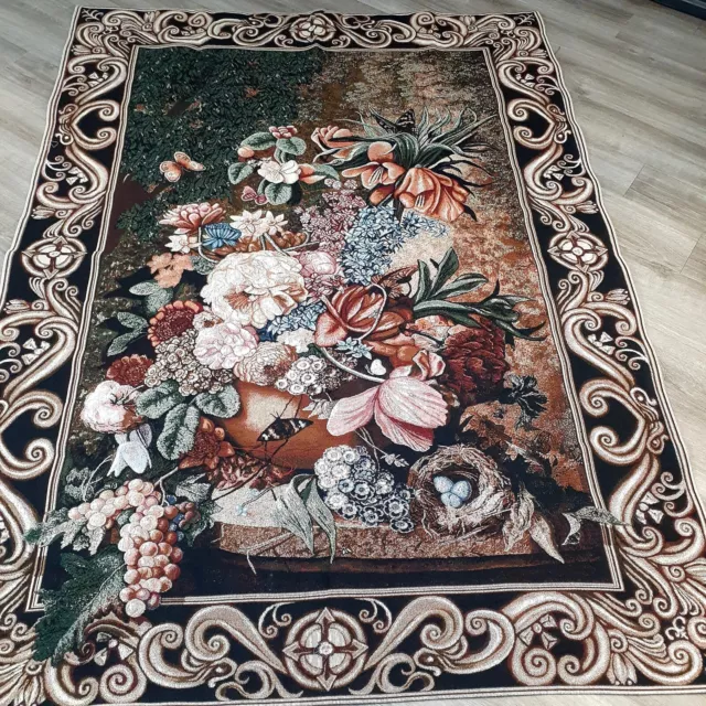 Vtg French Style Floral Tapestry Wall Hanging Rod Pocket Decor 6'x4' X-Large B1