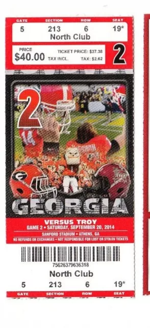 2014 Georgia Bulldogs Vs Troy Ticket Stub 9/20 College Football