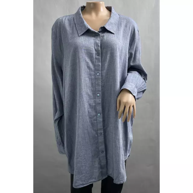 Eileen Fisher Top Women 3X Blue Chambray Button Up Tunic Shirt Organic Cotton