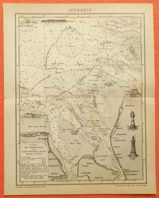 Seekarte Mündungen Jade Weser Elbe  historische  Landkarte von 1894