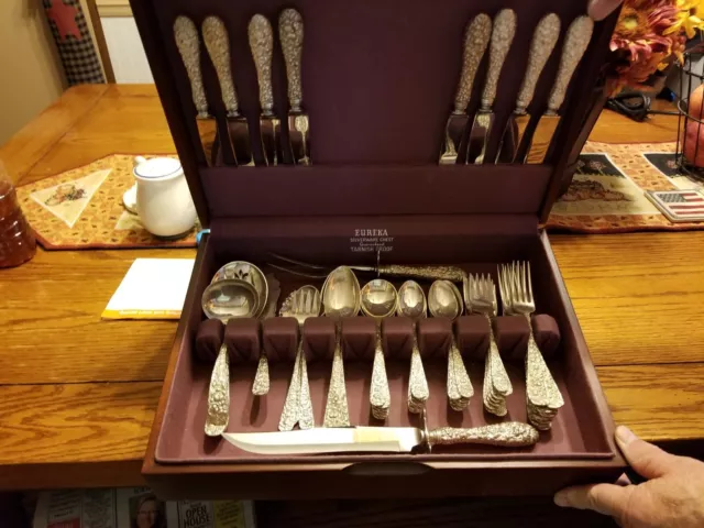 Rose by Stieff Sterling Silver Flatware Set For 8 Service 40 Pieces Repousse