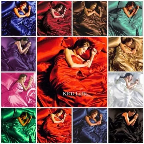 6Pcs SATIN BEDDING SET Silk Bedroom Duvet Cover + Fitted Sheet +4 Pillowcases UK