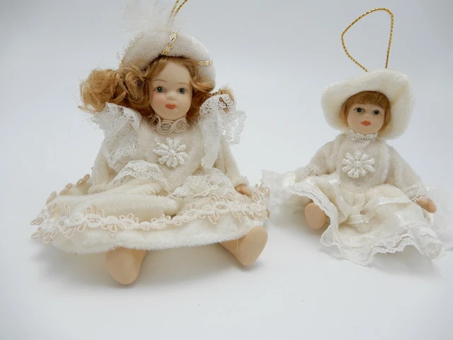 Vintage Miniature Porcelain Bisque Holiday Fashion Doll Ornament Pair White