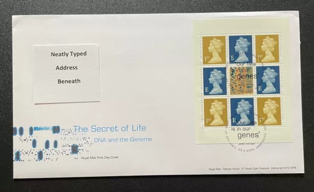 2003 The Secret of Life DNA Booklet Pane FDC. With Bureau Handstamp.