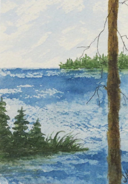 ACEO  Original mixed medium    "Pine Lake"   by Janet Hufnagle  ACEO Mini  ATC