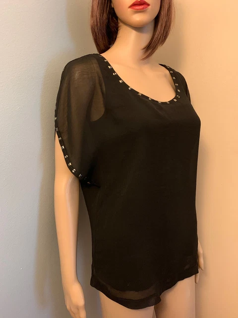 CACHE Sz XS Black Sheer Overlay BLOUSE TOP Dolman Short Sleeve Metal Stud Trim CACHE Sz XS Black Sheer Overlay BLOUSE TOP Dolman Short Sleeve Metal Stud Trim