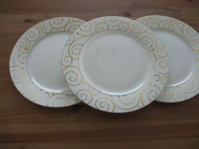 Set of 3 PIER 1 GOLD SWIRL PORCELAIN DINNER PLATES 10.25" WHITE & GOLD