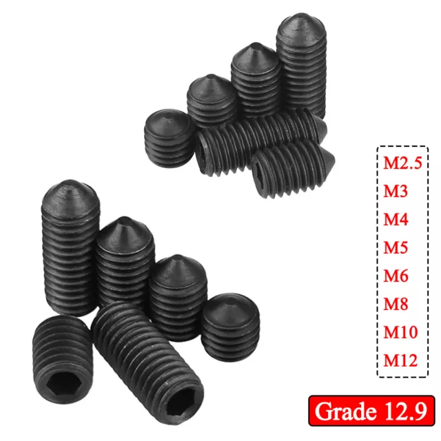 Grade 12.9 Steel M2.5 - M12 Grub Screws Cone Point Hex Socket Set Screws DIN 914