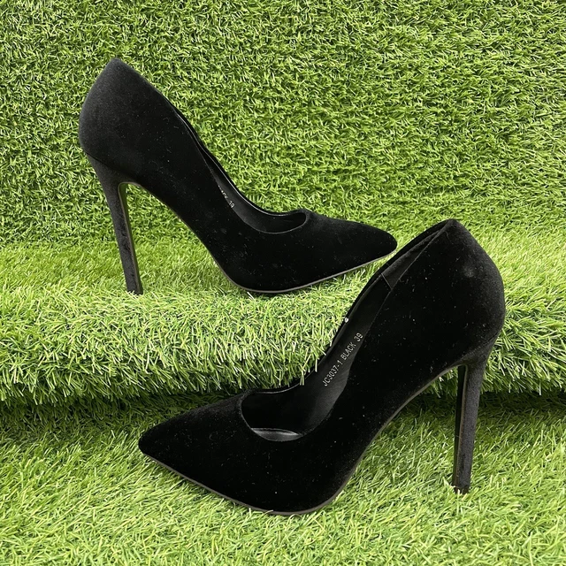 BLACK VELVET HIGH HEELS POINTED TOE STILETTOS Y2K Size UK 6 £14.99