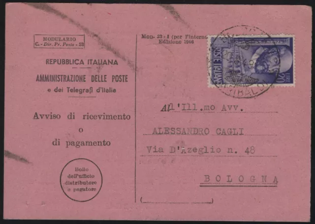 (TV04516) Italia Repubblica 1949 Palladio £.20 isolato su ricevuta di ritorno