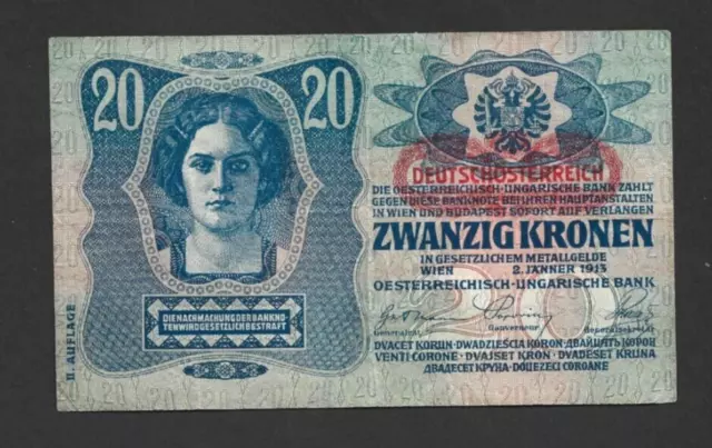 20 KRONEN VERY FINE  CRISP OVERPRINTED BANKNOTE FROM AUSTRIA 1919  PICK-53a
