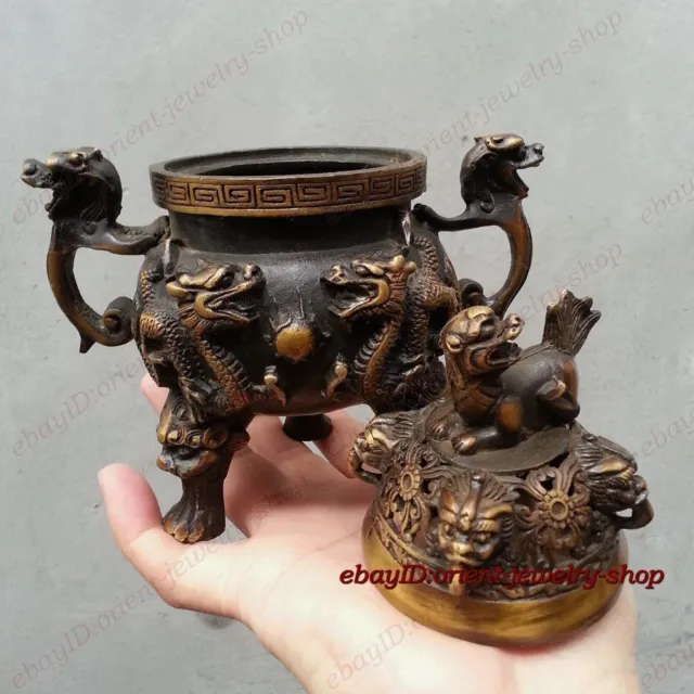 18cm classical old Bronze Signed lucky dragon Statue Incense Burners Censer