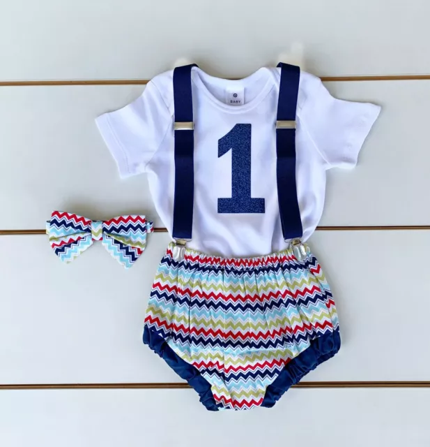 SALE! 4 Piece Chevron Print Cake Smash Outfit - First Birthday Outfit Baby Boy