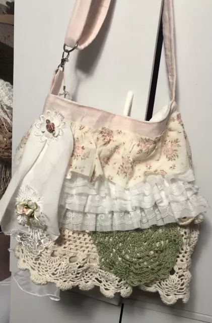 Shabby Chic Bag Handmade Over The  Top W/ Linen &Lace New Shoulder Bag 12.5x12.5
