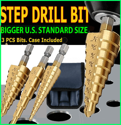 3Pcs Drill Bit Titanium Nitride Coated Set Steel Step Quick Change 1/4" Shank