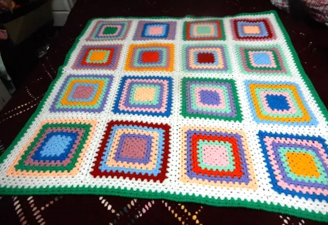 Handmade Crochet Grannie Square Pure Wool Blanket Multi-Coloured  115cm Sq. New