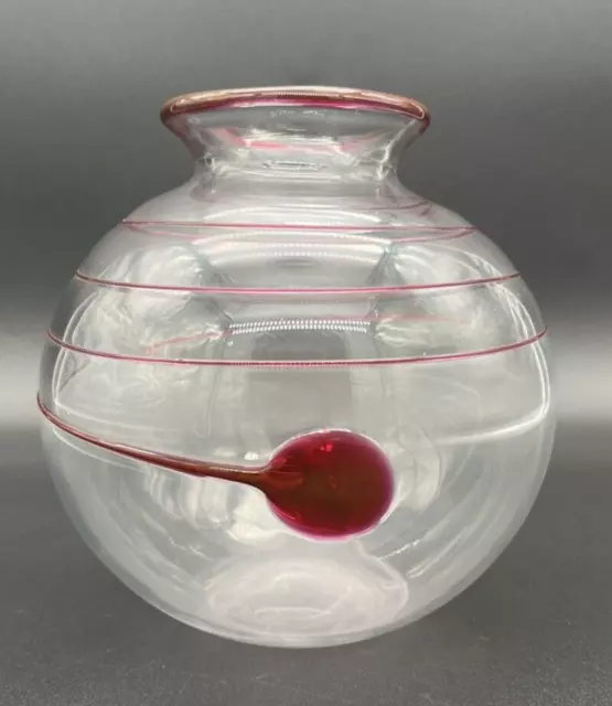 Vintage 1980s DANSK International Ruby Red Swirl Clear Glass Vase Estate Find