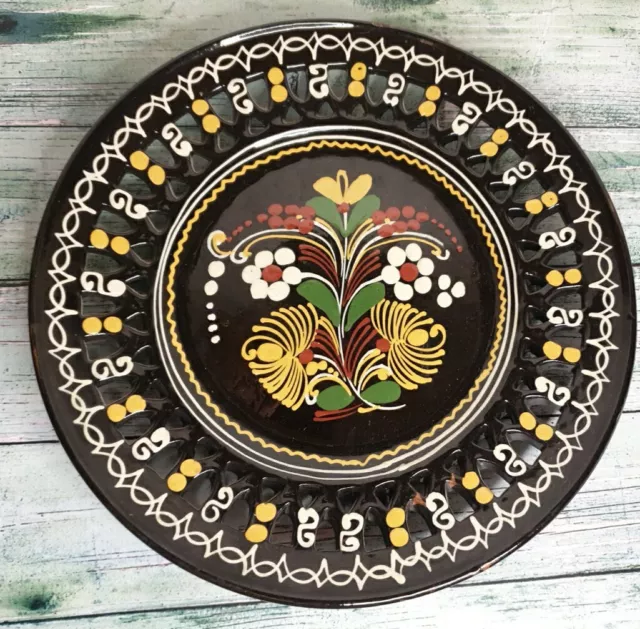Keramik Durchbruch Wandteller braun mit Blumenmuster 30cm