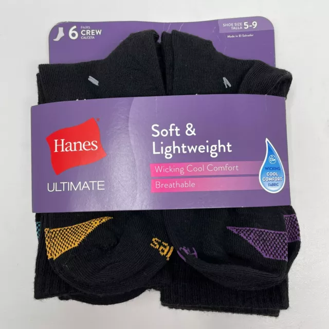 Hanes Womens 6 Pack Ultimate Core Lightweight Crew Socks Black