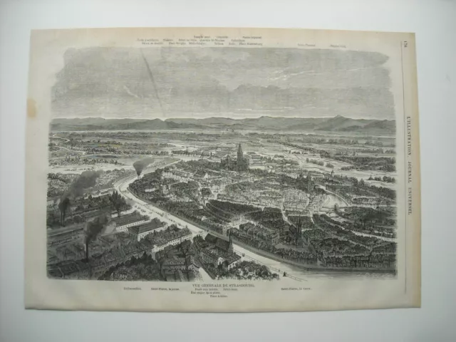 Gravure 1870.  Vue Generale De Strasbourg.saint-Pierre, Le Vieux. Embarcadere...