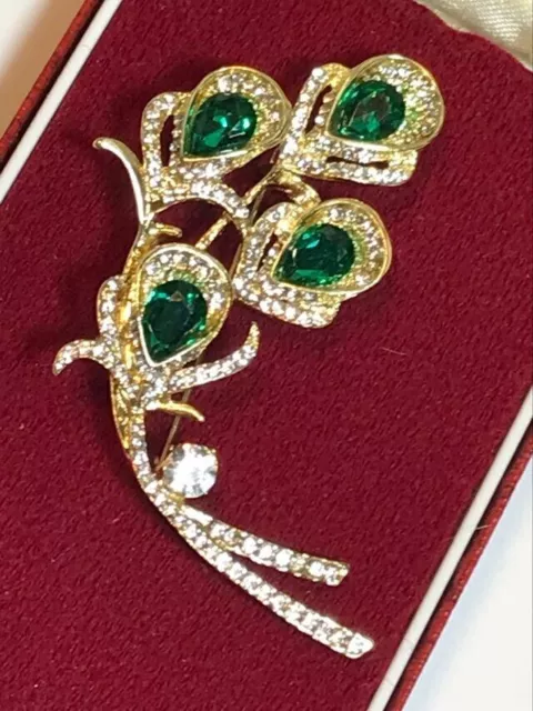 Art Nouveau Style Green Crystal Gold Tone Flower Brooch Shawl Feather Pin