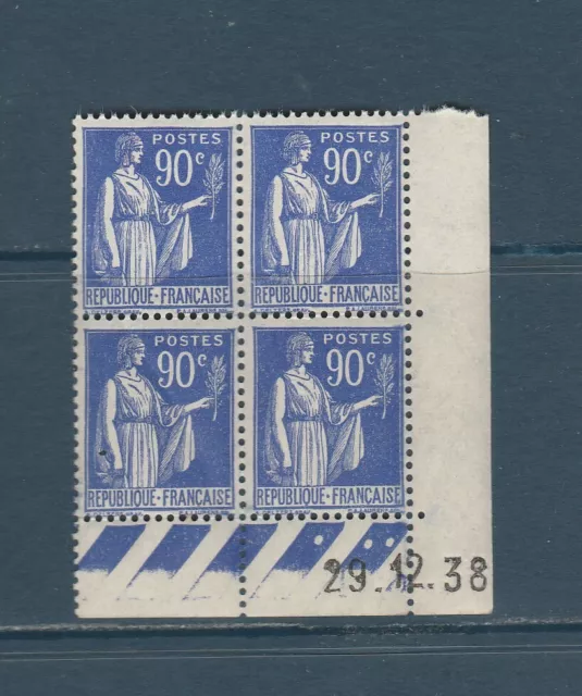 timbre France bloc de 4 coin daté  type Paix 90c outremer 1938  num: 368 **