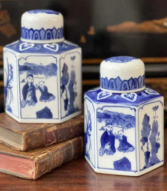Superb Rare Blue White Chinoiserie Hexagonal Story Motif Ginger Tea Jar Pair 6”