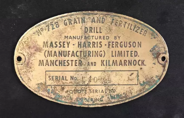 Massey Harris Ferguson Grain Fertilizer Drill 728 Tractor Suppliers Plate Badge
