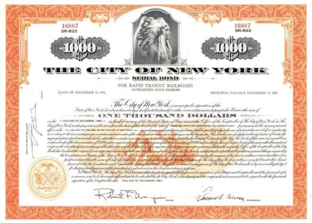 $1,000 Bond City of New York dated 1960's-70's - For Rapid Transit Railroad Purp