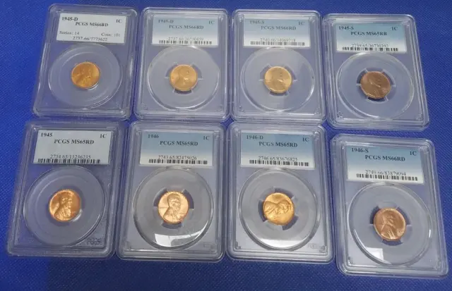 8 Coin Lot- Wheat Pennt Cent 1945-1946 PCGS MS65-66 Graded and Slabbed