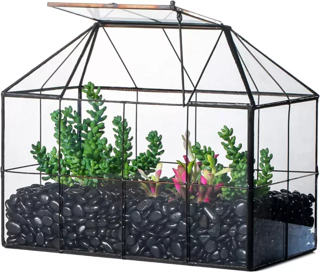 NCYP Black Geometric Glass Plant Terrarium (25x13.5x20cm) Handmade Grid House