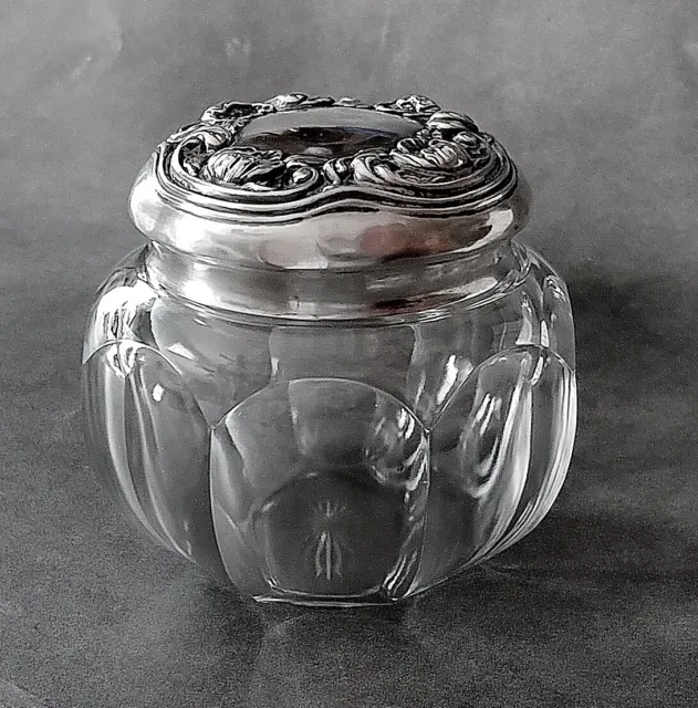Antique Crystal Trinket Vanity Jar Repousse Sterling Silver top