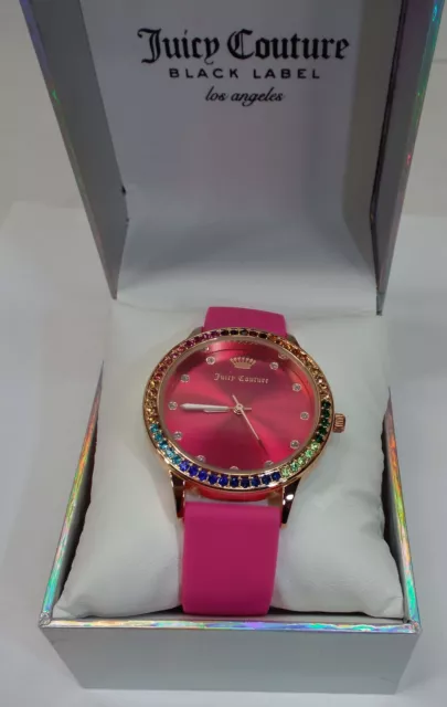 New Womens Juicy Couture Black Label Red Rubber Band Silver Box Watch MSRP $95 2