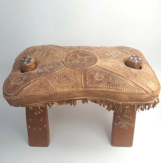 VTG Leather Camel Saddle Footstool Studs Stitched Seat Red Blue Green Primitive