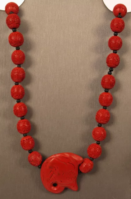 Fabulous Chinese Finely Hand Carved Cinnabar Beaded Elephant Pendant Necklace !!