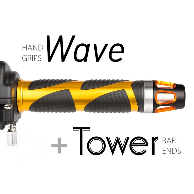 KiWAV Motorcycle Wave Grips Gold with Tower Bar Ends Orange/Silver