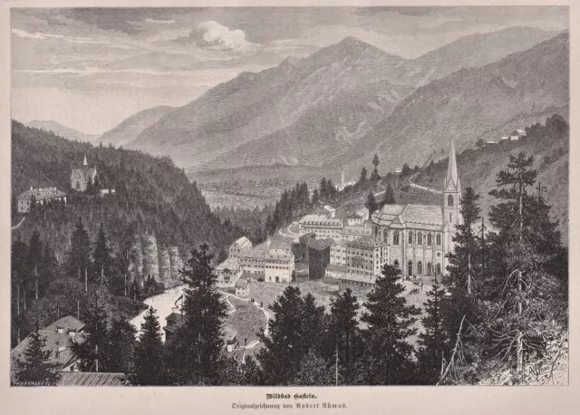 Bad Gastein, Österreich - Gesamtansicht - Stich, Holzstich 1880