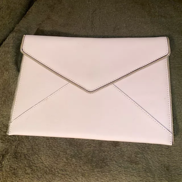 Rebecca Minkoff Leo Pink Saffiano Leather Envelope Clutch Bag Silver Zipper Trim