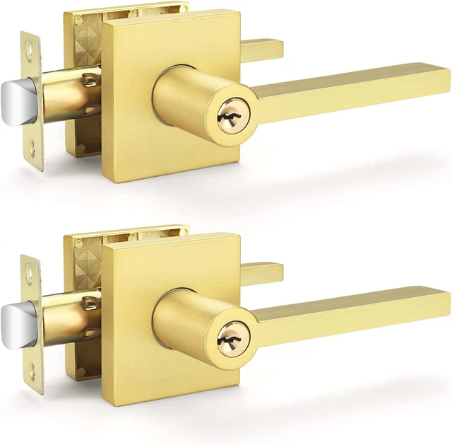 Satin Brass Door Handles Interior Exterior Door Knobs With Lock And Key