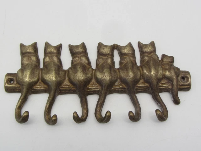 VINTAGE Brass 7 Cats 6 Hooks Hanger For Keys Leashes Belts Necklaces Wall Decor