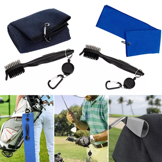 Microfiber Waffle Pattern Tri-fold Golf Towel with Club Groove Cleaner Brush Kit 3