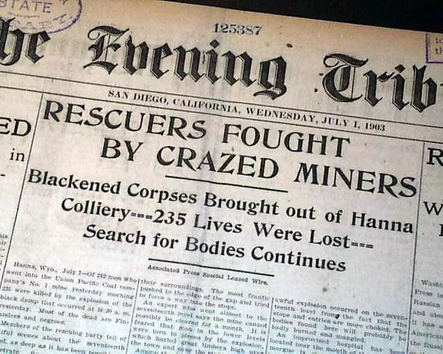 HANNA WYOMING Carbon County Coal Mine # 1 EXPLOSION Disaster 1903 Old Newspaper