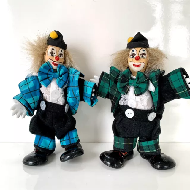 Lot 2 Vintage Porcelain Face Stuffed CLOWN Collectible Dolls 6''
