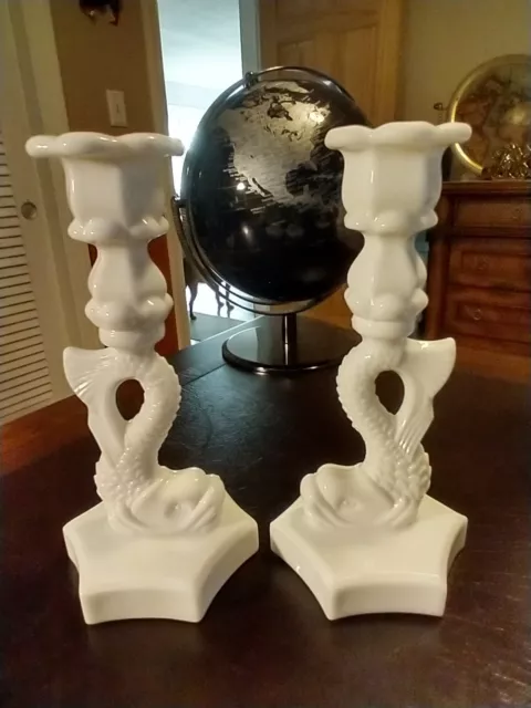 Pair Of Vintage Imperial White Milk Glass Koi Dolphin Fish Candle Holders Exc