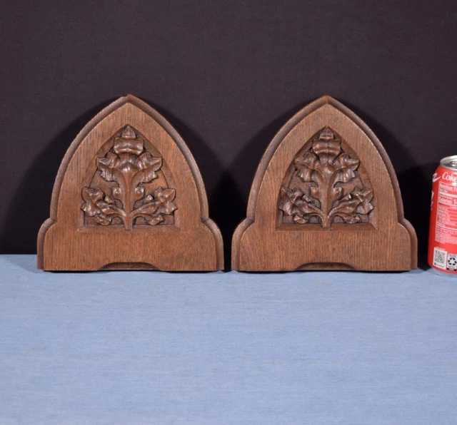 *Pair of Gothic Carved Architectural Panels/Trim in Solid Oak Wood Salvage 2