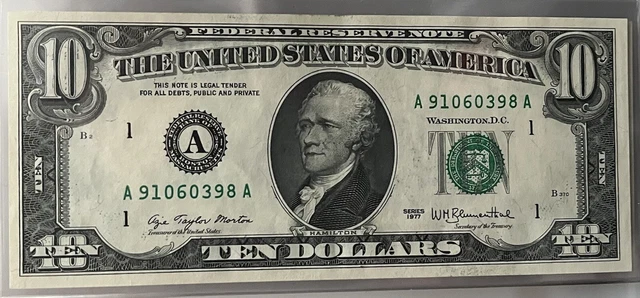 1977 10 Dollar Bill Ten Federal Reserve Note FRN US