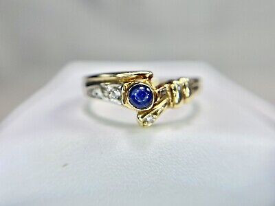 Art Deco 14k Yellow Gold Natural Blue Cabochon Sapphire Round Diamond Ring